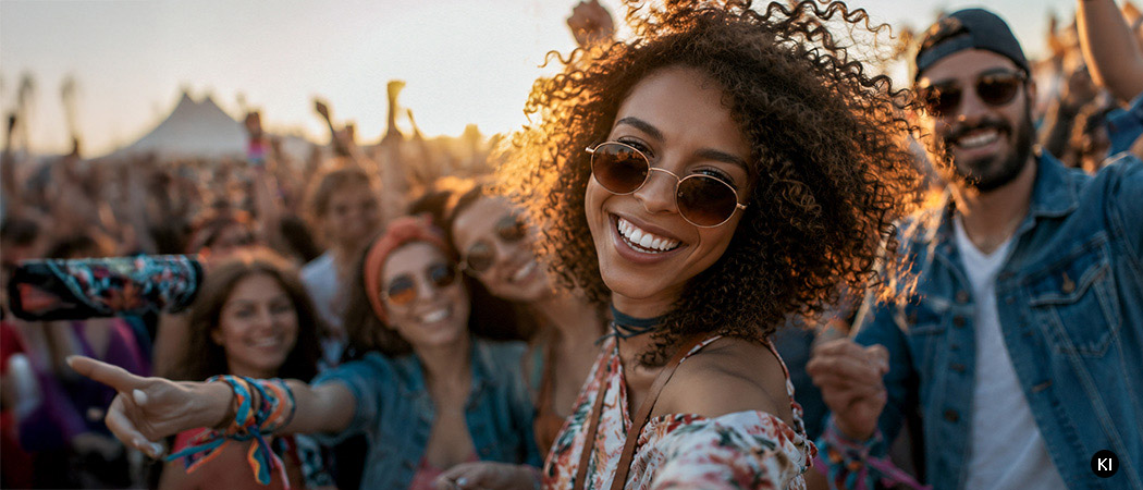 Eine junge Frau mit lockigen Haaren und Sonnenbrille lächelt in die Kamera und macht ein Selfie. Im Hintergrund stehen mehrere feiernde Menschen bei einer Outdoor-Veranstaltung oder einem Festival. Die Stimmung ist fröhlich, die Sonne steht tief und sorgt für warmes Abendlicht.